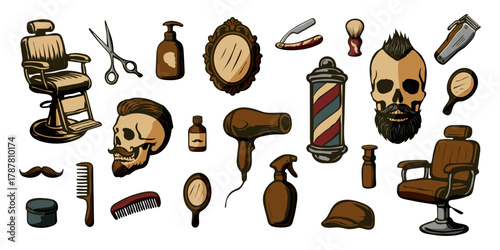 A collection of barber tools and accessories, including scissors, combs, and hair dryers