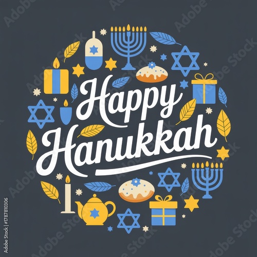 Happy hanukkah circular design with festive symbols like menorahs, dreidels, star of david, sufganiyot, candles, and gifts