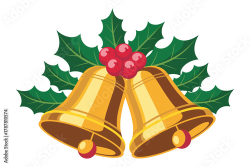 Festive golden christmas bells with holly berries vector illustration, holiday decoration design, seasonal festive elements