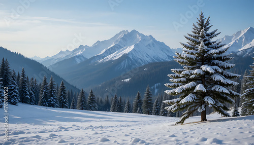 Snowy Mountain Landscape with Pine Trees and Clear Blue Sky