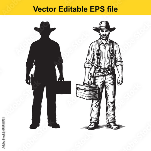 Cowboy with a toolbox and silhouette cowboy with a briefcase