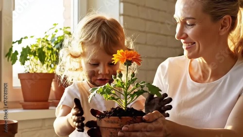 Joyful mother and child planting flower together in sunlit home, creating cherished memories