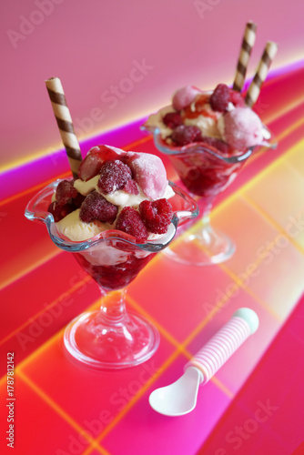 Retro Raspberry Ice Cream Sundae with Popular On-trend Neon Lights Aesthetic.