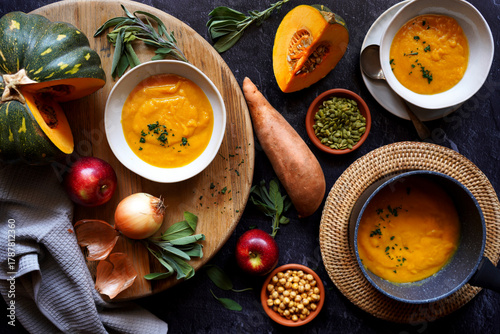 Seasonal Pumpkin, Sweet Potato and Apple Soup. Preparation and serving with ingredients.