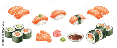 Vibrant sushi set with nigiri, maki rolls, sashimi, soy sauce, wasabi, and ginger. Ideal for Japanese cuisine designs, menus, packaging, and culinary-themed projects.