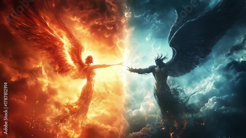 Two powerful figures, angel and demon, representing light and darkness confront each other amid cosmic elements in a vibrant, symbolic depiction