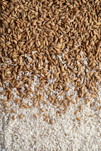 Background composed of grains of raw rice and milled rice.