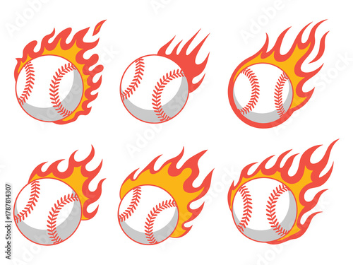Flaming baseball balls cartoon vector graphics, burning baseball illustration, intense fire and flames