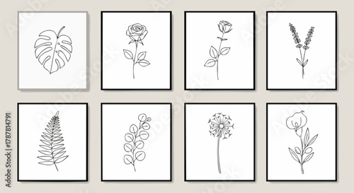 Set of eight minimalist black and white botanical line art prints featuring various flowers and leaves, perfect for modern home decor and wall art
