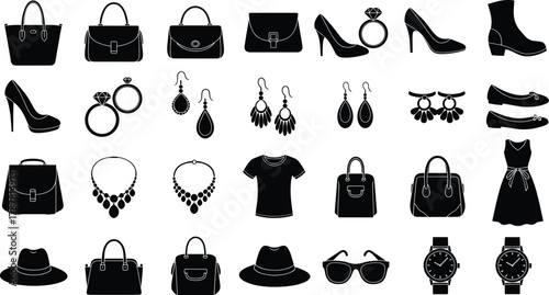 Fashion accessories vector illustration, stylish black icons set featuring handbags, shoes, jewelry, sunglasses, hats, dress, and watch, elegant minimalist design, isolated collection