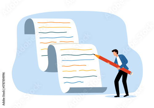 Male author writing article or content on paper in flat design. Writing, creating, blogging concept