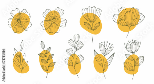 Set of minimalist floral line art elements featuring various flowers and leaves with abstract mustard yellow shape accents on white background