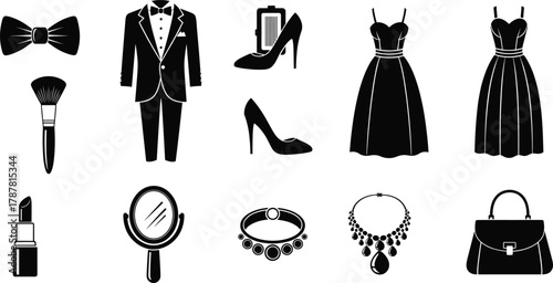 Fashion and style vector icons set, elegant clothing accessories illustration, formal suit, dress, handbag, shoes, makeup, jewelry, luxury beauty design elements
