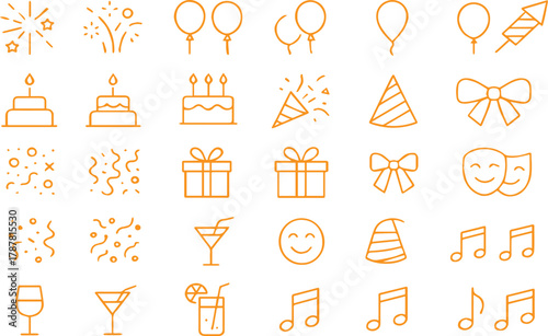 Party and Celebration Line Icons Set. Minimal Birthday, Anniversary, Event Outline Vector Symbols.