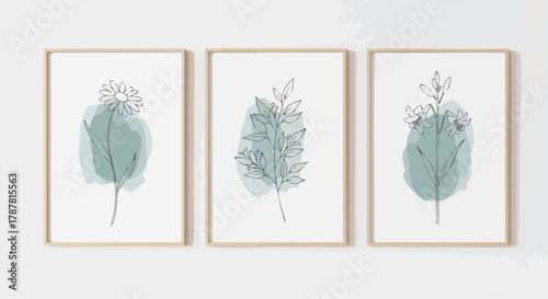 Set of three minimalist botanical line art prints featuring flowers and foliage with soft green watercolor accents, perfect for modern home decor and wall art galleries
