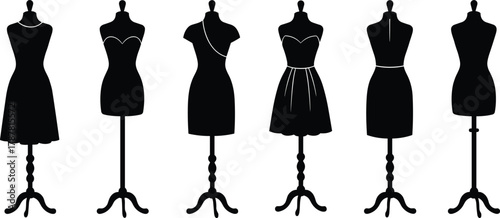 Fashion dress mannequin silhouettes vector illustration, tailor dummy forms collection for sewing design, vintage clothing display, boutique decoration, and fashion designer studio art