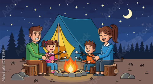 Flat style illustration of a family camping at night, roasting marshmallows by a campfire
