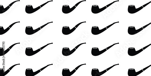 Seamless pattern of classic smoking pipes, vintage tobacco pipe silhouettes repeated in rows, minimalist black and white vector illustration design for backgrounds, retro themes