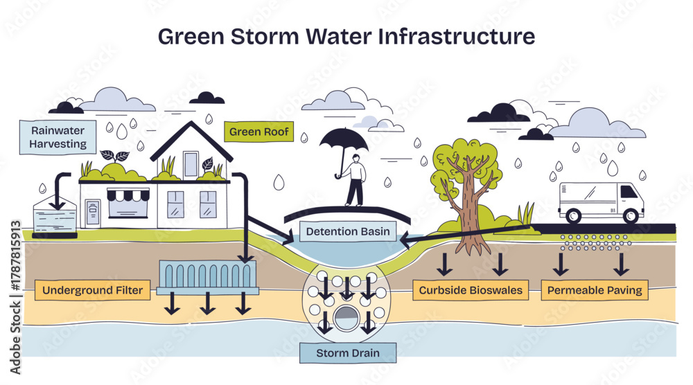 Fototapeta premium Green storm water infrastructure shows rainwater harvesting, green roof, and permeable paving to manage runoff and improve urban water quality. Doodle style diagram