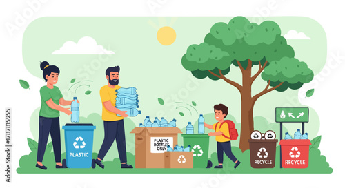 Flat illustration of people recycling plastic bottles into bins and boxes