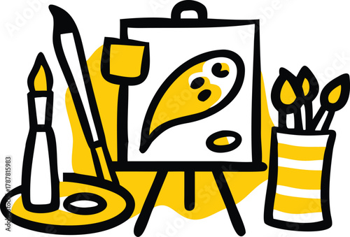 Art Painting Supplies Easel Canvas Brushes Palette Studio Creativity with vector illustration