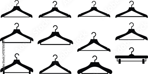 Set of clothes hanger silhouettes in different designs and styles, black vector illustration for wardrobe, boutique, laundry, and fashion store concepts