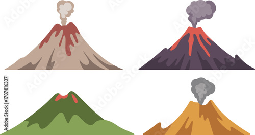 Canvas Print Set of colorful erupting volcano vector illustrations with smoke, lava, and moun