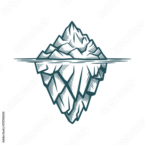 Floating iceberg with detailed submerged bulk and sharp surface contrast, technical vector cross-section, oceanic illustration, realistic underwater volume