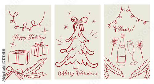 Chalk sketch Christmas and New Year design set. Retro doodle collection for festive greeting cards, posters, placards, and invitation templates.
