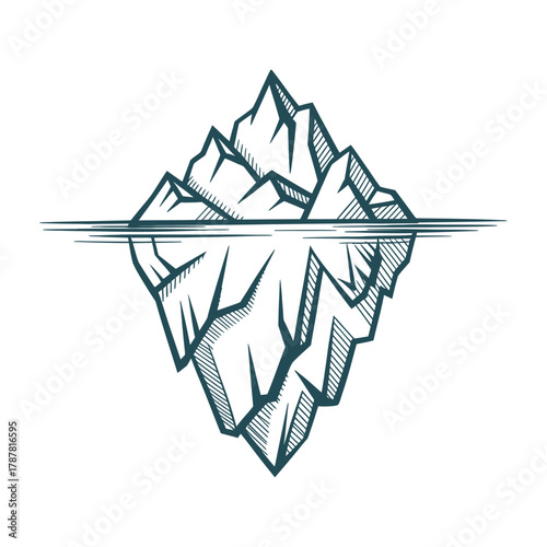 Floating iceberg with detailed submerged bulk and sharp surface contrast, technical vector cross-section, oceanic illustration, realistic underwater volume