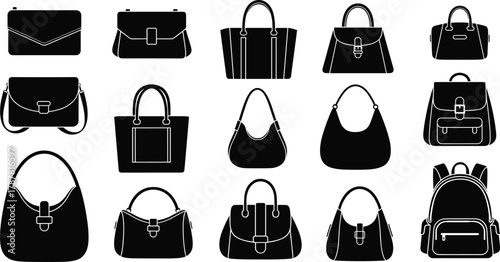 Fashion handbag collection vector illustration, stylish purses, tote bags, shoulder bags, and backpacks icons set, elegant accessories design for women fashion style