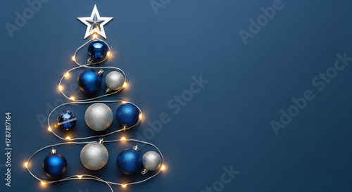 Creative holiday tree made of glowing lights, blue and silver ornaments, and a star topper on a dark blue background. Perfect for Christmas and New Year celebration themes and festive greetings.
