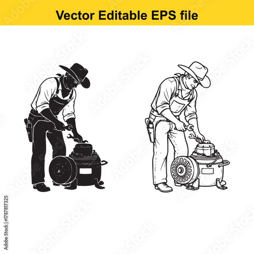Two stylized illustrations of a cowboy working on a piece of machinery, one in silhouette and one in line art
