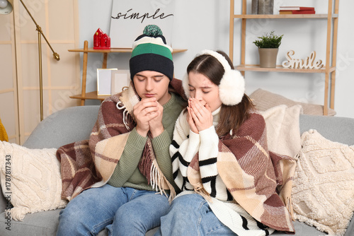 Frozen young couple at home...
