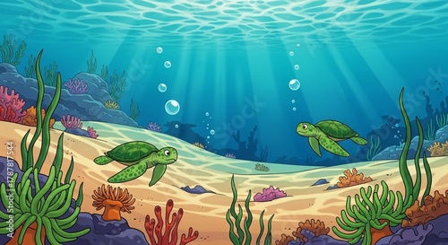 Underwater Paradise A Cartoon Adventure of Sea Turtles and Coral Reefs Discovering Marine Life Together Exploring the Ocean Depths in a Vibrant Aquatic Ecosystem