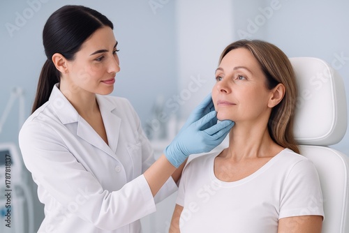 Experienced dermatologist expertly examines mature woman's skin during a meticulous consultation, ensuring beauty and healthy aging within a modern medical clinic