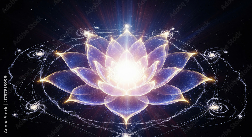Obraz premium Radiant Lotus Formed from Cosmic Light with Aura and Ethereal Energy Symbolizing Spiritual Enlightenment and Divine Purity JPG