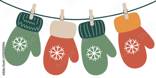 Colorful mittens hang on a line, decorated with snowflake patterns, festive winter illustration, cozy seasonal clothing, knitted gloves design