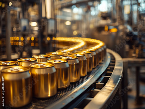 Empty new aluminum cans for drink process in factory line on conveyor belt machine at beverage manufacturing. 
