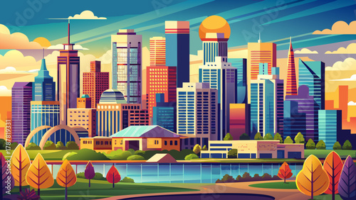 Very beautiful view of downtown Minneapolis, Minnesota, USA, featuring the city skyline, modern skyscrapers, urban streets, and a realistic vibrant metropolitan landscape under natural daylight.