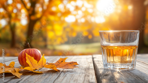 Glasses of cider and apple on the wooden background. falling leaves and autumn trees under warm sunlight,