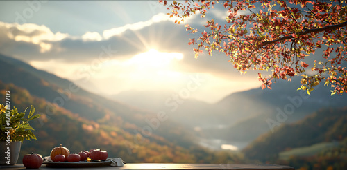 Brown wood table in autumn landscape. Autumn fruits outdoors. space for text. 