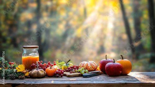 Seasonal autumn background. grape, apples, fruits, over wooden background. space for text.