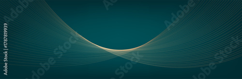 Gold wave lines on dark green background with lighting effect and glitter with copy space for text. Luxury design style. Vector illustration