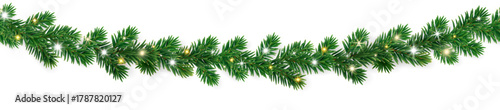 Horizontal seamless border of lush green fir branches with twinkling lights. Festive holiday decoration for headers and cards. Transparent background in vector file.