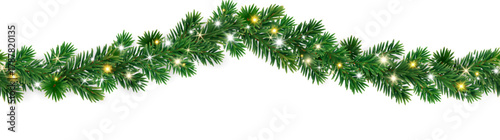 Lush seamless horizontal border of green fir branches with shining lights. Perfect festive element for Christmas designs. Transparent background in vector file.
