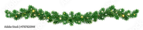 Christmas tree garland of pine branches with glowing lights and sparkles forming soft waves. Great festive border for cards and posters. Transparent background in vector file.