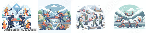 Rescue team helping trapped villagers after a landslide, using shovels and stretchers, flat design, simple and minimalistic style, white background, clean vector illustration