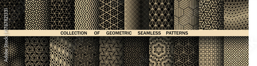 Geometric set of seamless black and golden patterns. Simple vector graphics