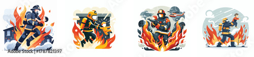A firefighter rescuing a child from a burning building, wearing full protective gear, flat design, minimalistic, white background
